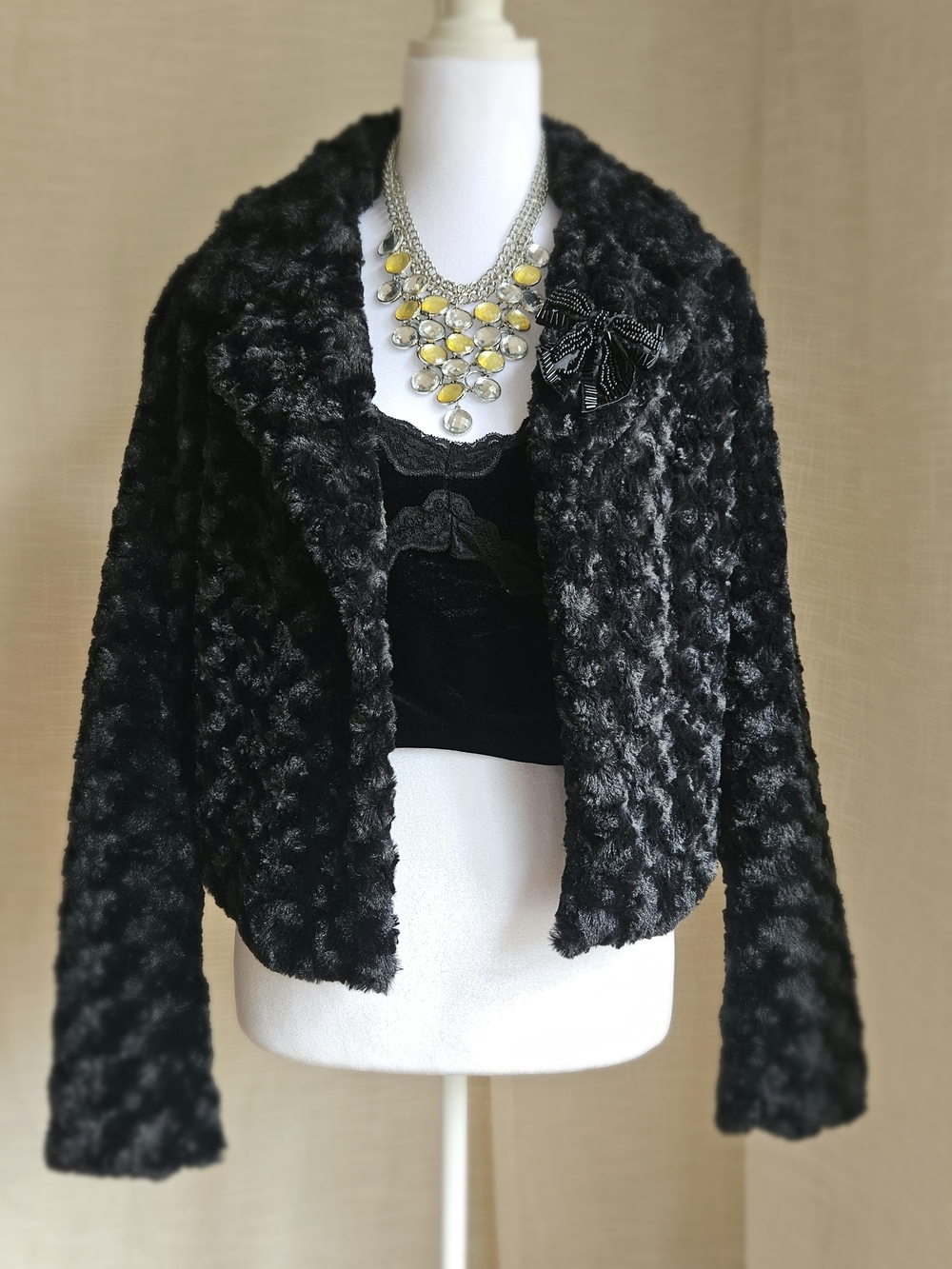 Candie's Black Faux Fur Cropped Jacket with Beaded Bow Detail